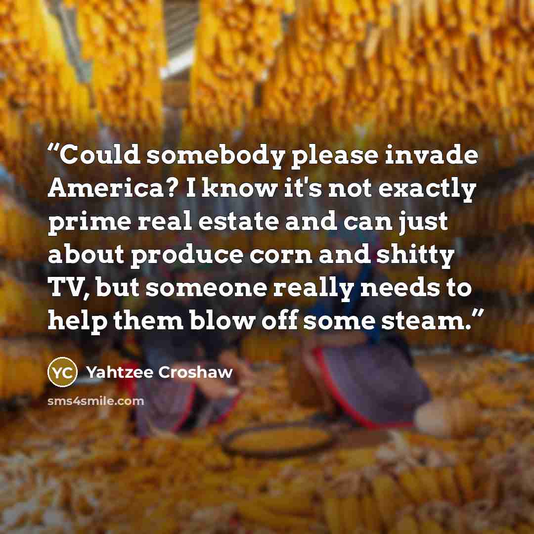 “Could somebody please invade America? I know it's not exactly prime real estate and can just about produce corn and shitty TV, but someone really needs to help them blow off some steam.” quote by Yahtzee Croshaw
