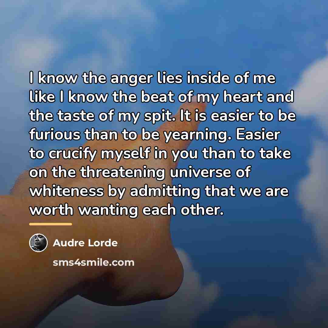 “I know the anger lies inside of me like I…” quote by Audre Lorde