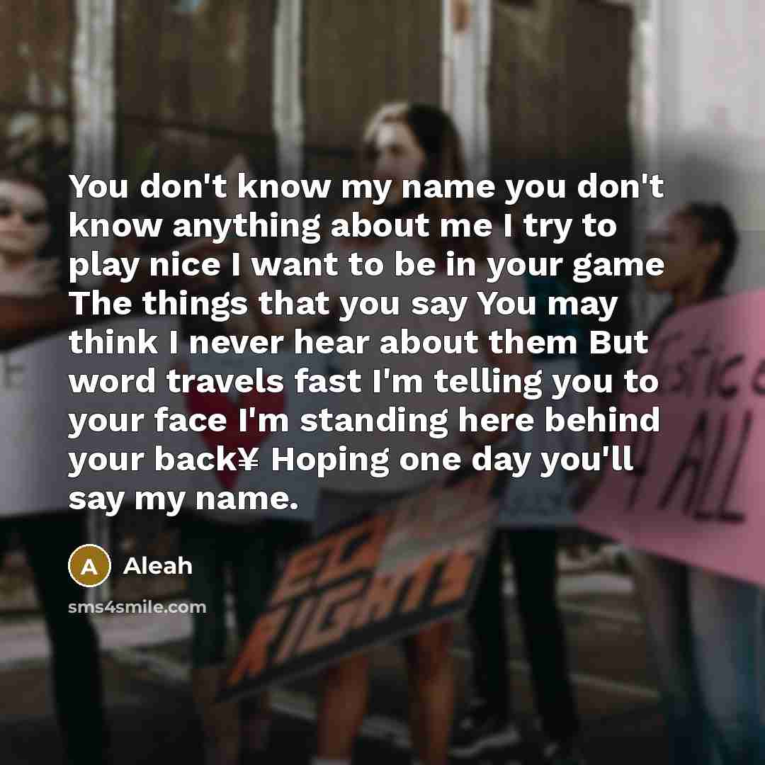 “You don't know my name you don't know anything about me I try to play nice I want to be in your game The things that you say You may think I never hear about them But word travels fast I'm telling you to your face I'm standing here behind your back¥ Hoping one day you'll say my name.” quote by Aleah