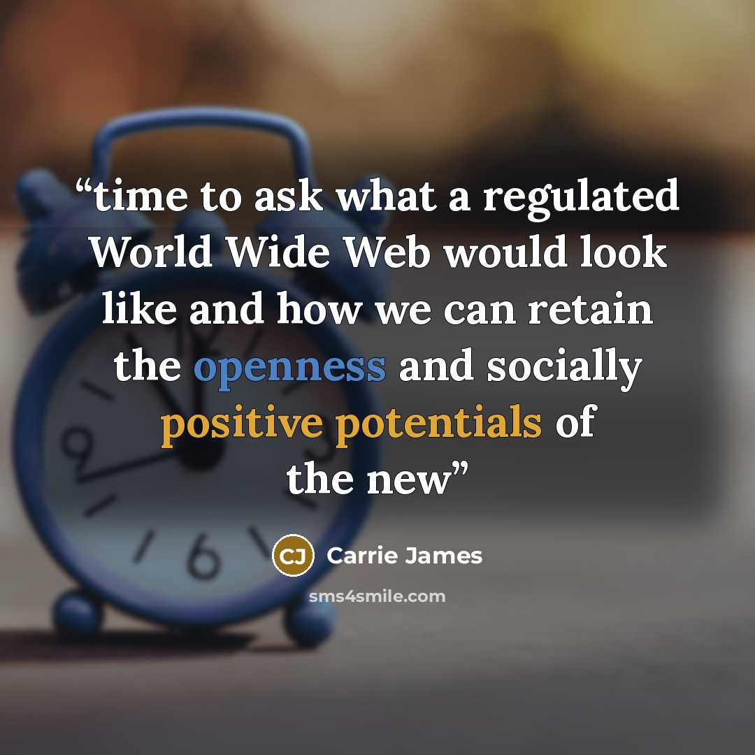 “time to ask what a regulated World Wide Web would look like and how we can retain the openness and socially positive potentials of the new” quote by Carrie James