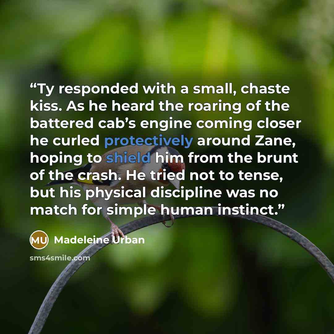 “Ty responded with a small, chaste kiss. As he heard the roaring of the battered cab’s engine coming closer he curled protectively around Zane, hoping to shield him from the brunt of the crash. He tried not to tense, but his physical discipline was no match for simple human instinct.” quote by Madeleine Urban
