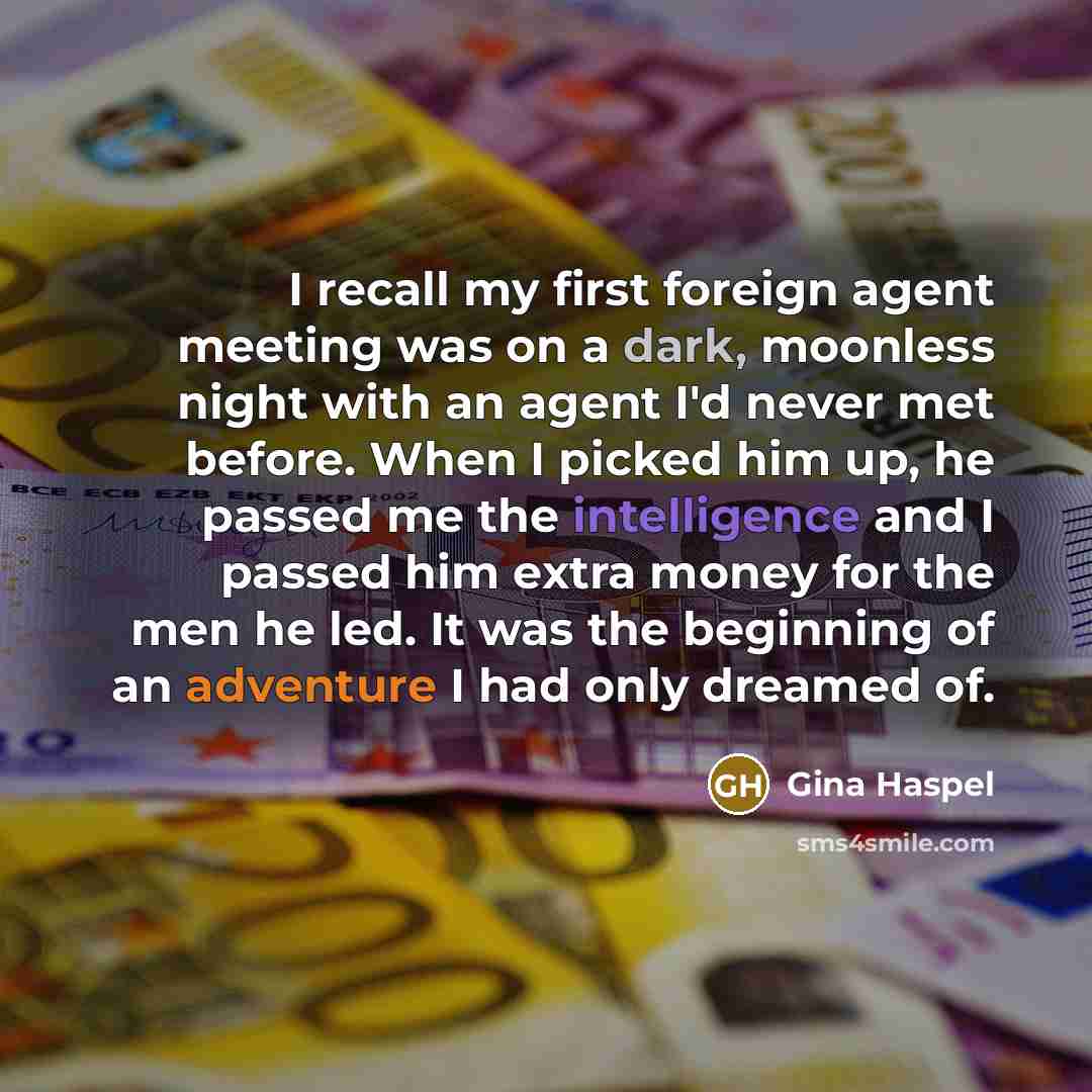 “I recall my first foreign agent meeting was on a dark, moonless night with an agent I'd never met before. When I picked him up, he passed me the intelligence and I passed him extra money for the men he led. It was the beginning of an adventure I had only dreamed of.” quote by Gina Haspel
