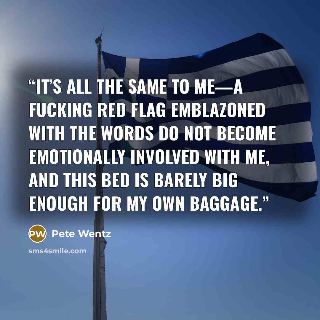 “It’s all the same to me—a fucking red flag emblazoned with the words DO NOT BECOME EMOTIONALLY INVOLVED WITH ME, and this bed is barely big enough for my own baggage.” quote by Pete Wentz