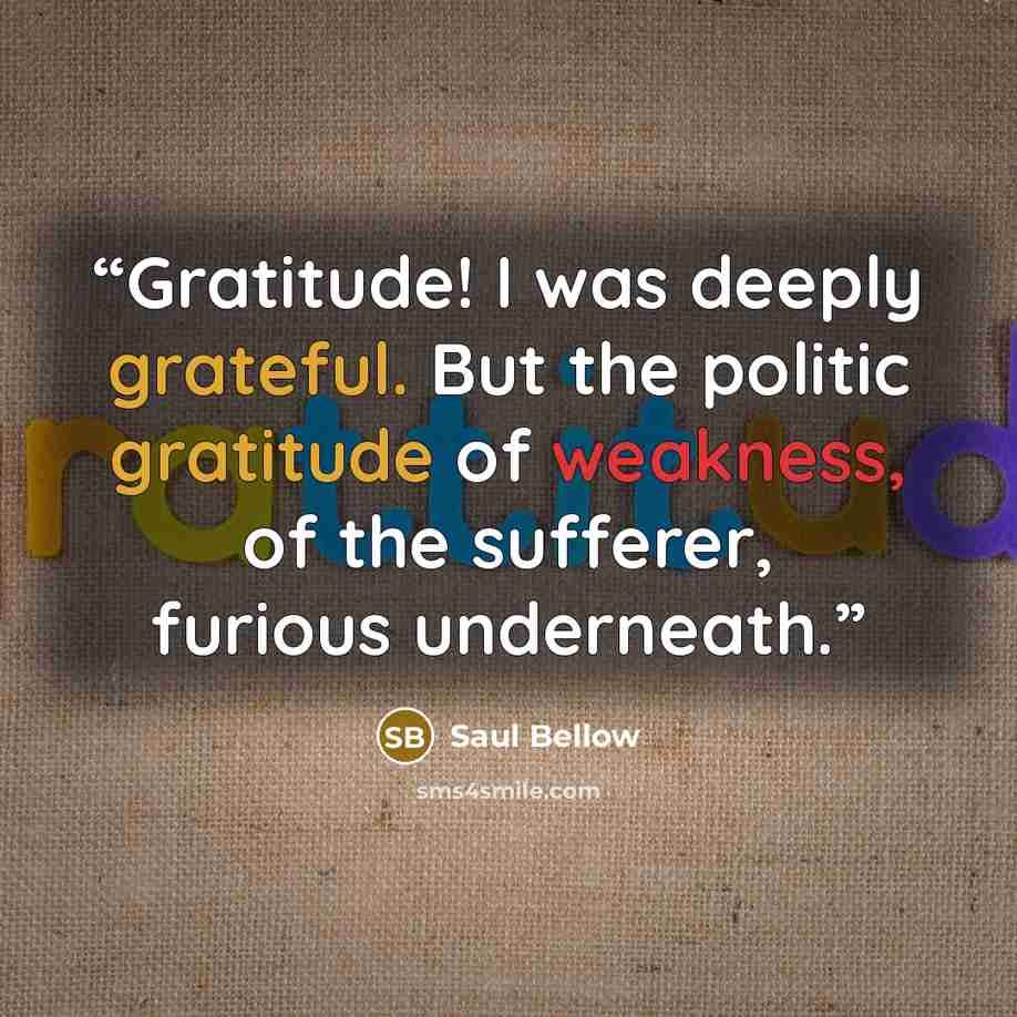 “Gratitude! I was deeply grateful. But the politic gratitude of weakness, of the sufferer, furious underneath.” quote by Saul Bellow