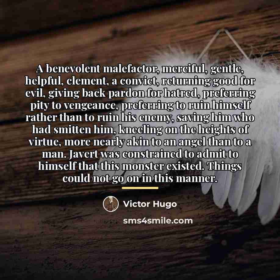 “A benevolent malefactor, merciful, gentle, helpful, clement, a convict, returning…” quote by Victor Hugo