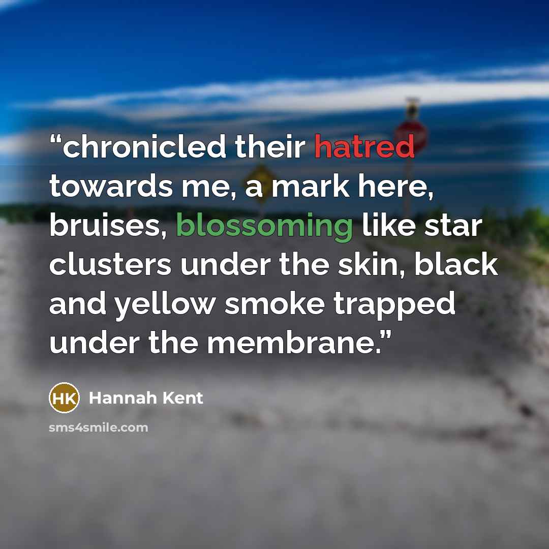 “chronicled their hatred towards me, a mark here, bruises, blossoming like star clusters under the skin, black and yellow smoke trapped under the membrane.” quote by Hannah Kent
