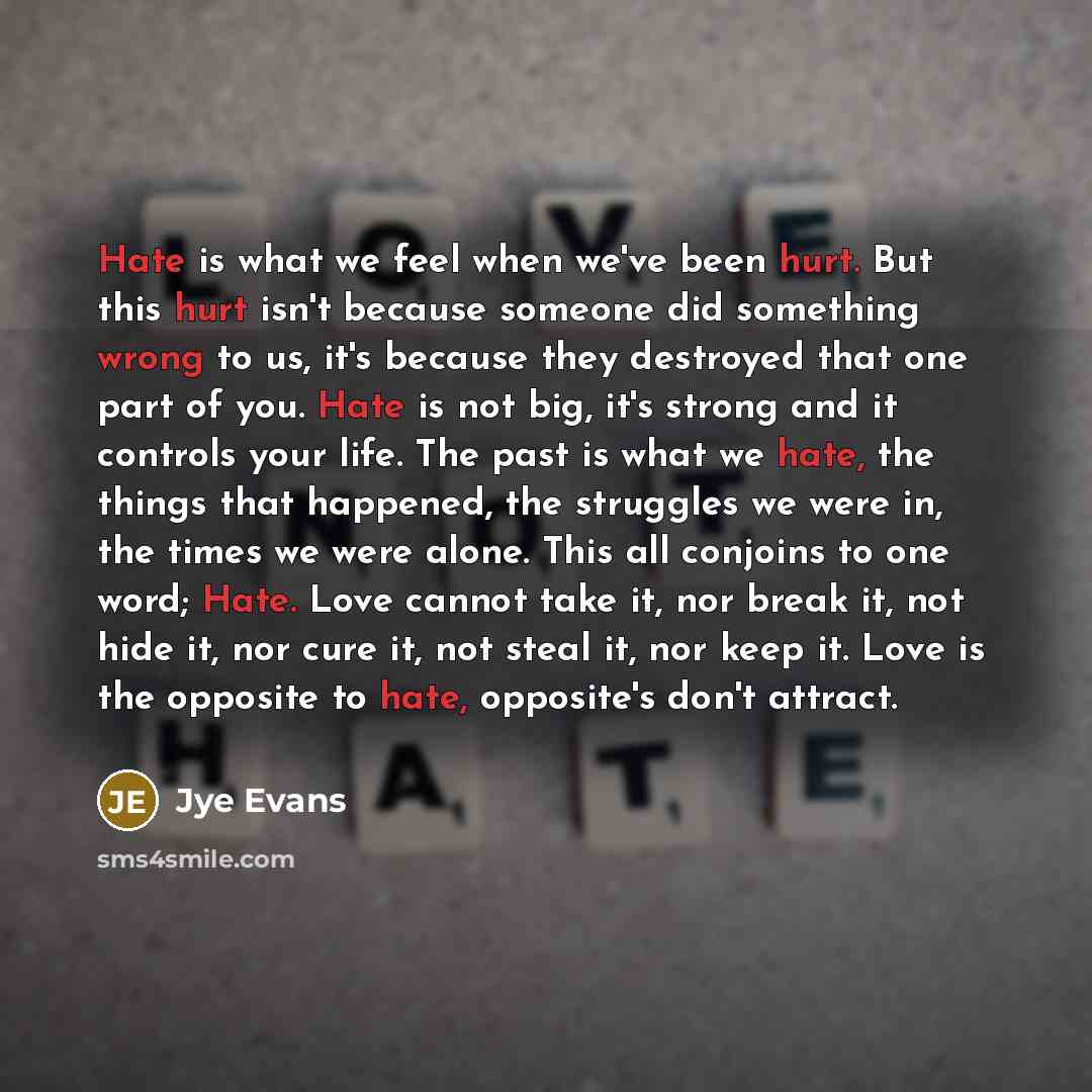 “Hate is what we feel when we've been hurt. But this hurt isn't because someone did something wrong to us, it's because they destroyed that one part of you. Hate is not big, it's strong and it controls your life. The past is what we hate, the things that happened, the struggles we were in, the…” quote by Jye Evans