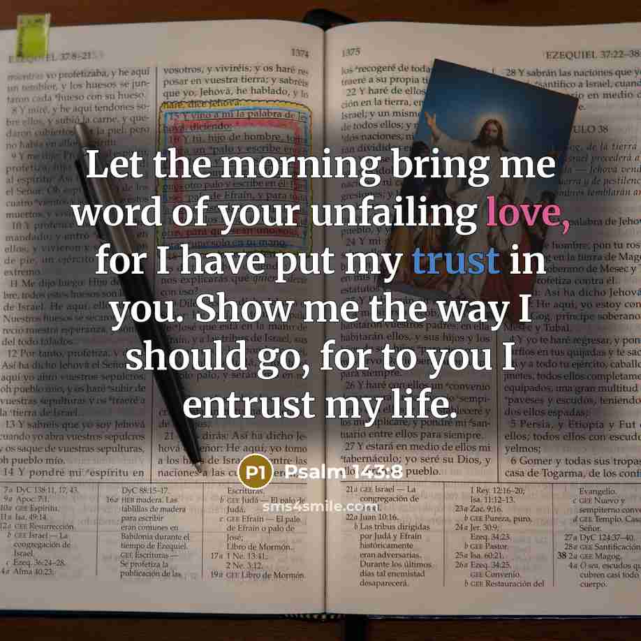 “Let the morning bring me word of your unfailing love, for I have put my trust in you. Show me the way I should go, for to you I entrust my life.” quote by Psalm 143:8