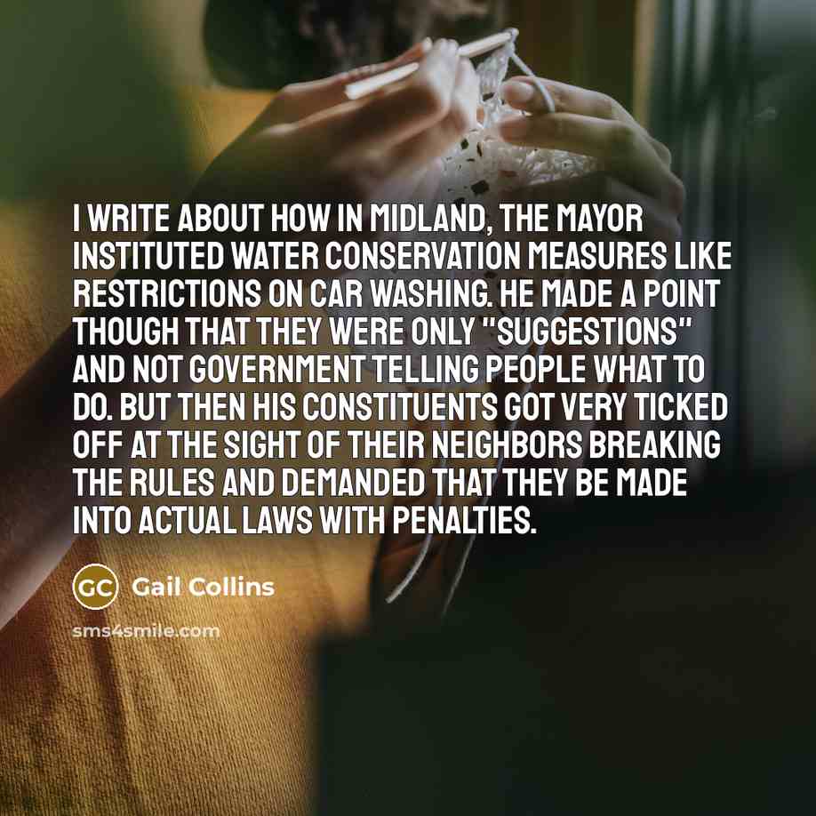 “I write about how in Midland, the mayor instituted water conservation measures like restrictions on car washing. He made a point though that they were only "suggestions" and not government telling people what to do. But then his constituents got very ticked off at the sight of their neighbors…” quote by Gail Collins