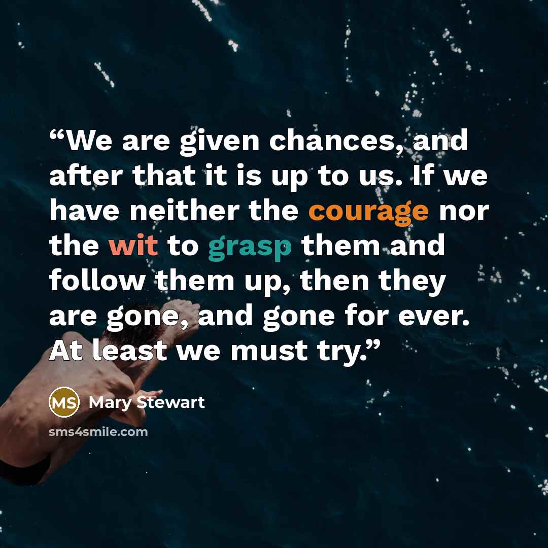 “We are given chances, and after that it is up to us. If we have neither the courage nor the wit to grasp them and follow them up, then they are gone, and gone for ever. At least we must try.” quote by Mary Stewart