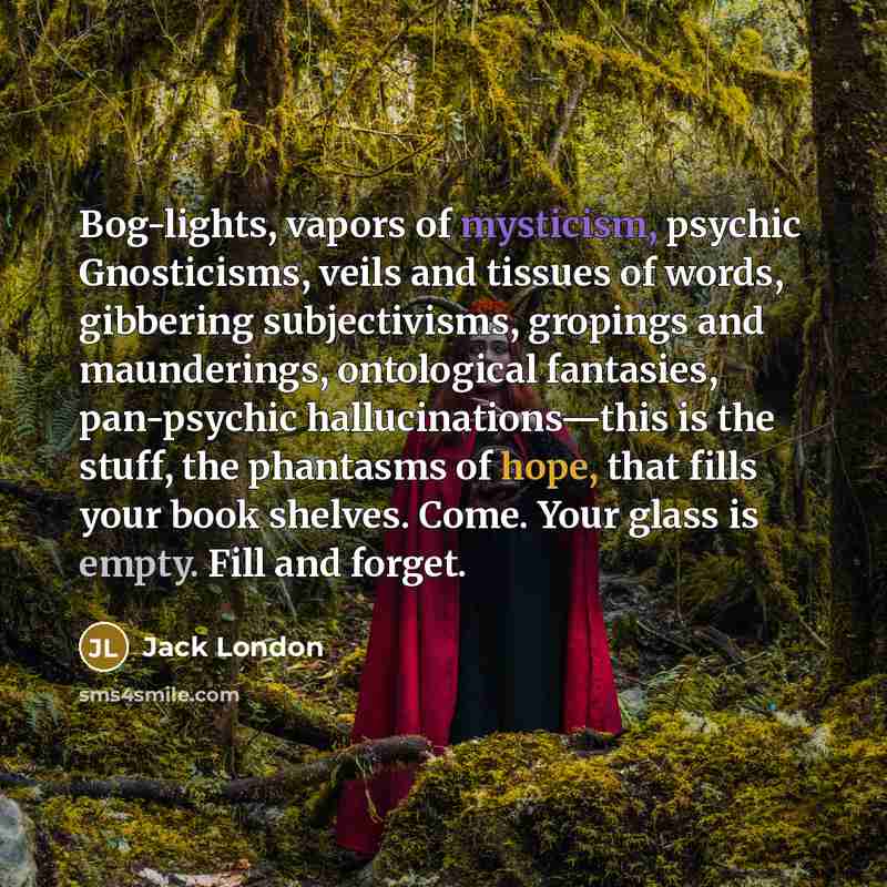 “Bog-lights, vapors of mysticism, psychic Gnosticisms, veils and tissues of…” quote by Jack London