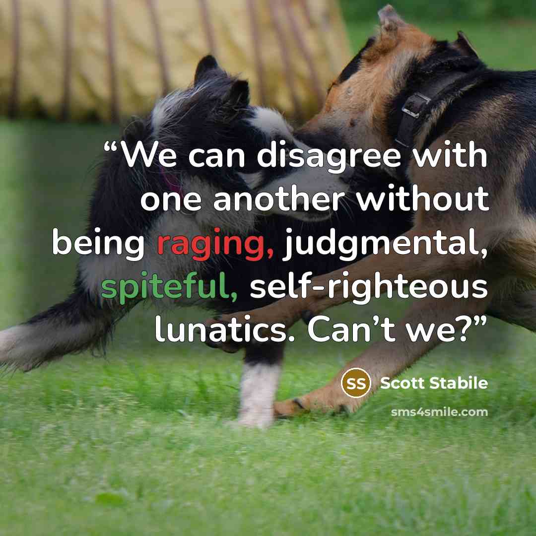 “We can disagree with one another without being raging, judgmental, spiteful, self-righteous lunatics. Can’t we?” quote by Scott Stabile