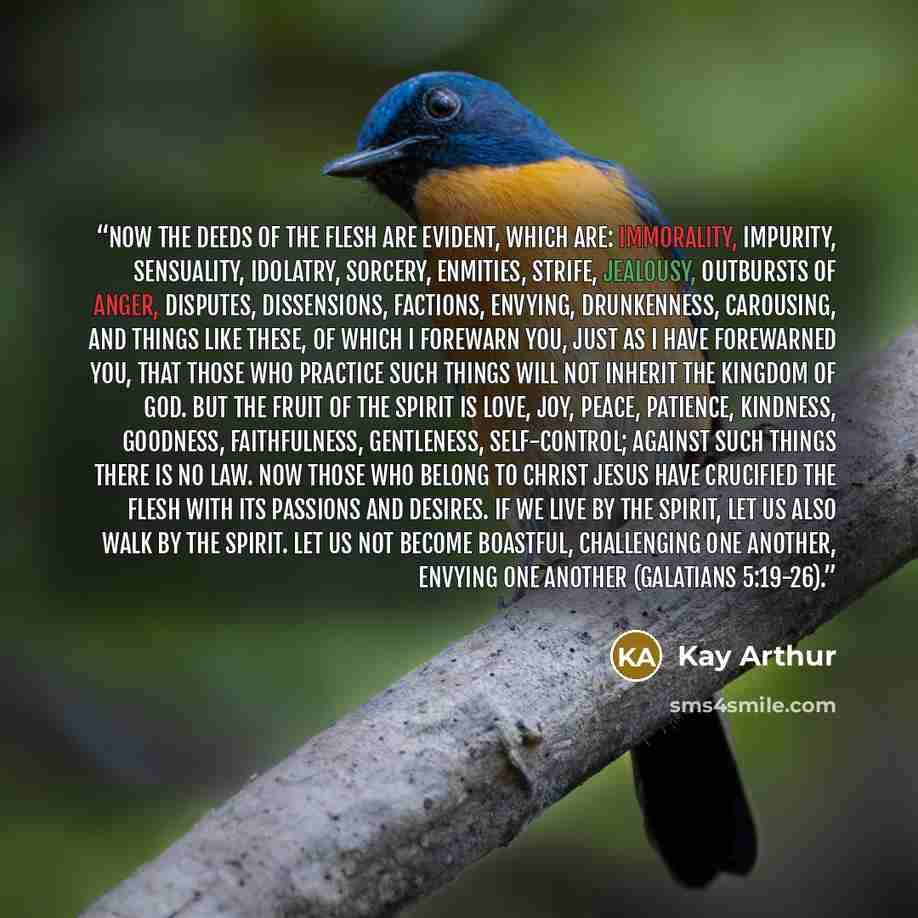 “Now the deeds of the flesh are evident, which are: immorality, impurity, sensuality, idolatry, sorcery, enmities, strife, jealousy, outbursts of anger, disputes, dissensions, factions, envying, drunkenness, carousing, and things like these, of which I forewarn you, just as I have forewarned you…” quote by Kay Arthur