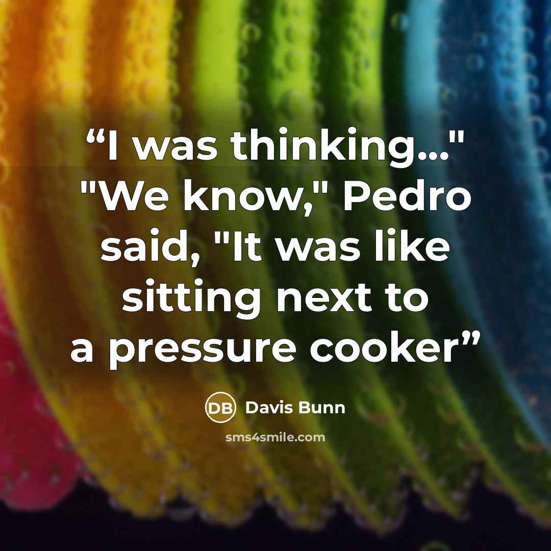 “I was thinking..." "We know," Pedro said, "It was like sitting next to a pressure cooker” quote by Davis Bunn