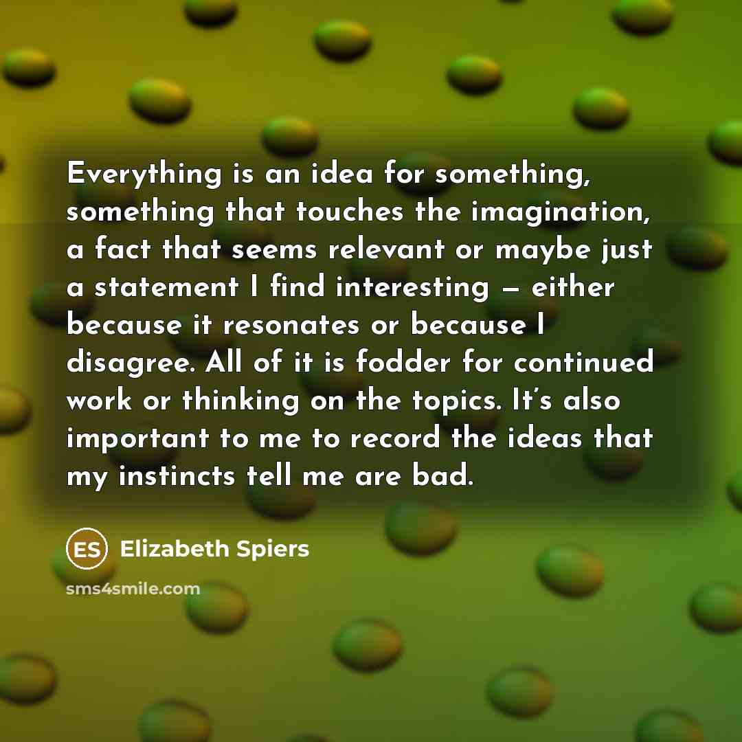 “Everything is an idea for something, something that touches the imagination, a fact that seems relevant or maybe just a statement I find interesting — either because it resonates or because I disagree. All of it is fodder for continued work or thinking on the topics. It’s also important to me to…” quote by Elizabeth Spiers
