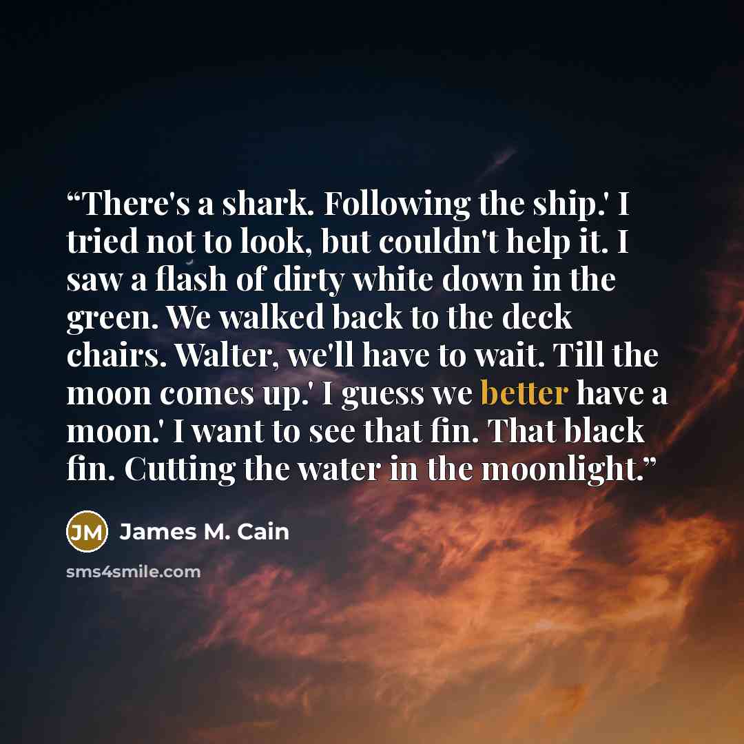 “There's a shark. Following the ship.' I tried not to look, but couldn't help it. I saw a flash of dirty white down in the green. We walked back to the deck chairs. Walter, we'll have to wait. Till the moon comes up.' I guess we better have a moon.' I want to see that fin. That black fin. Cutting…” quote by James M. Cain