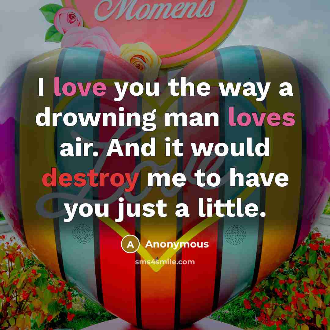 “I love you the way a drowning man loves air. And it would destroy me to have you just a little.” quote by Anonymous