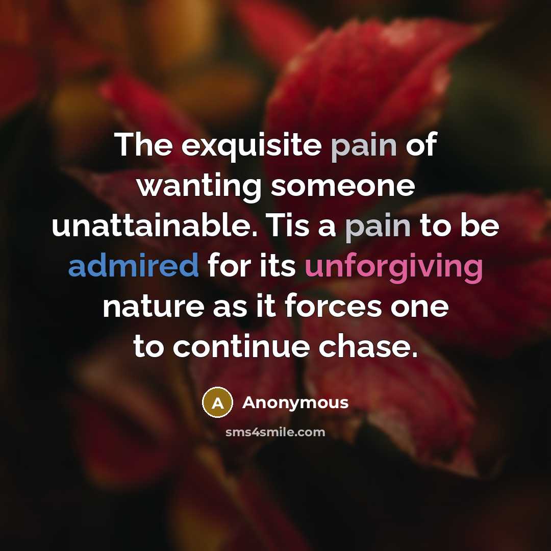 “The exquisite pain of wanting someone unattainable. Tis a pain to be admired for its unforgiving nature as it forces one to continue chase.” quote by Anonymous