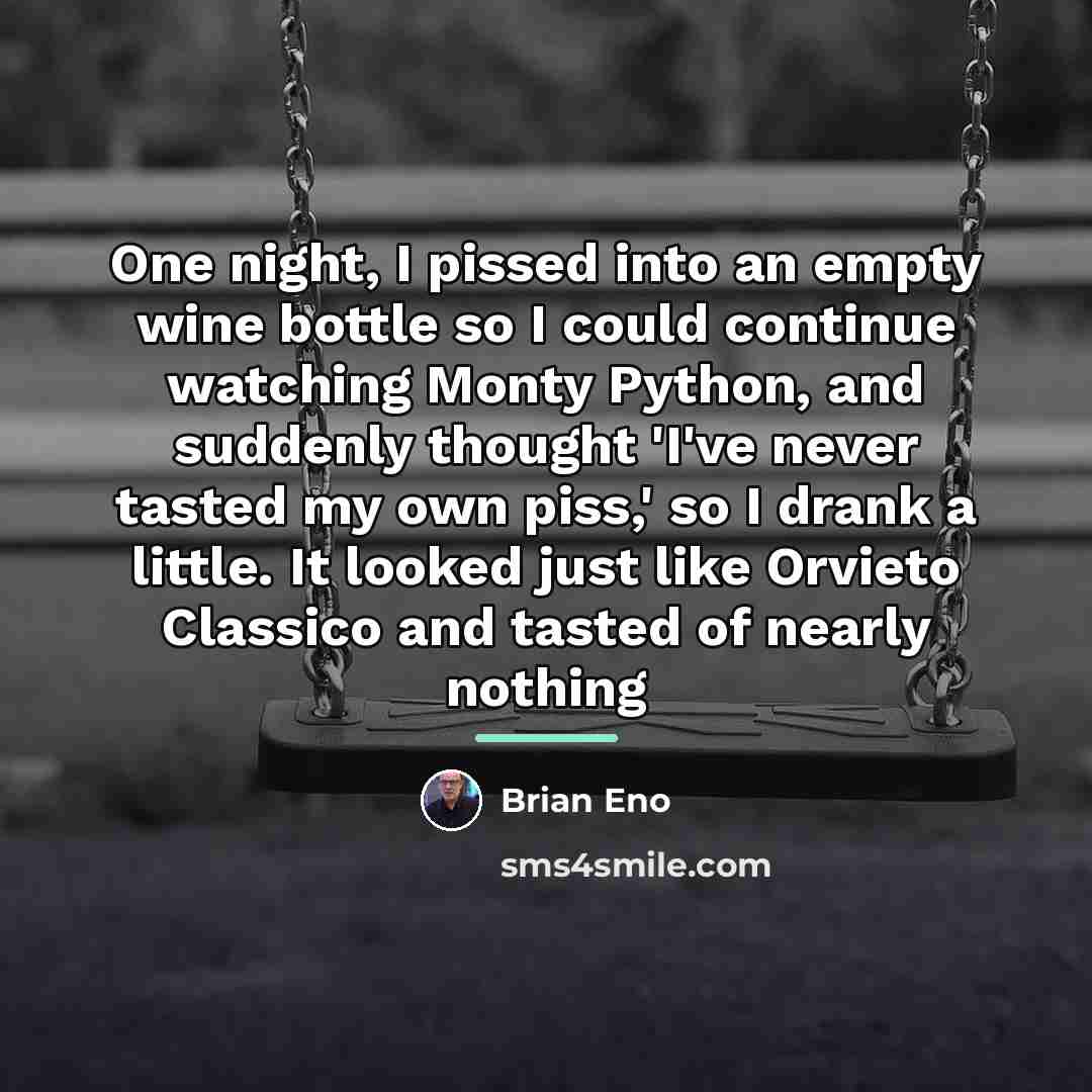 “One night, I pissed into an empty wine bottle so…” quote by Brian Eno