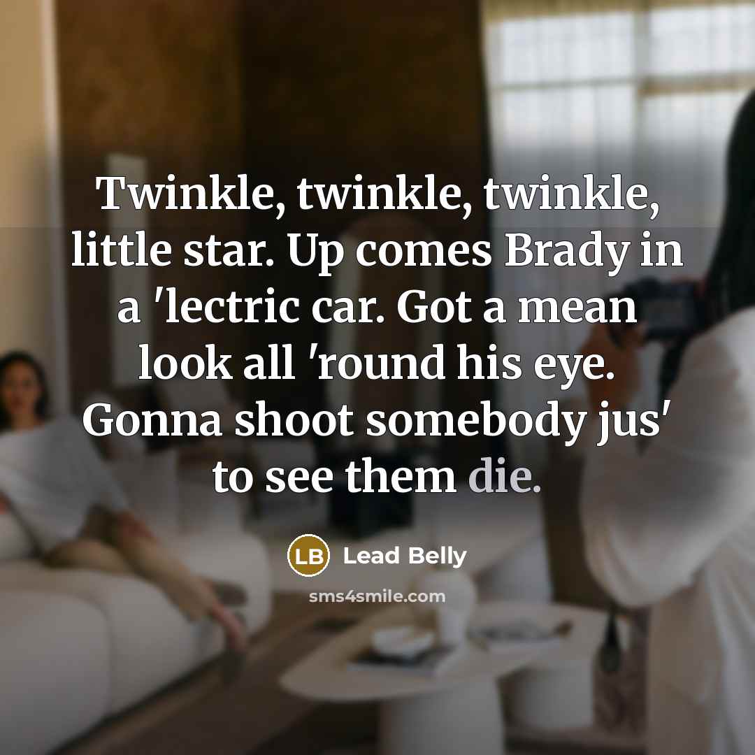 “Twinkle, twinkle, twinkle, little star. Up comes Brady in a 'lectric car. Got a mean look all 'round his eye. Gonna shoot somebody jus' to see them die.” quote by Lead Belly