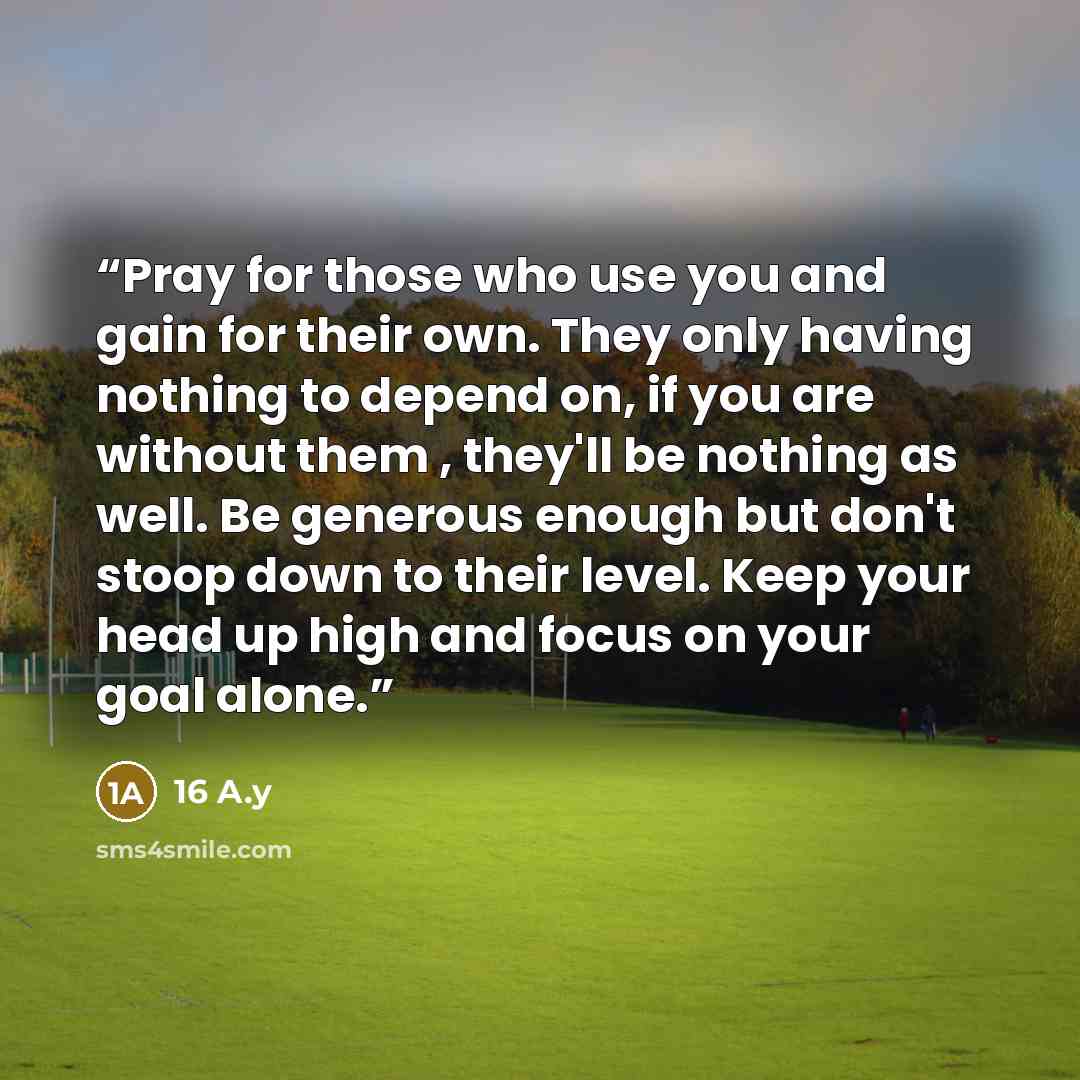 “Pray for those who use you and gain for their own. They only having nothing to depend on, if you are without them , they'll be nothing as well. Be generous enough but don't stoop down to their level. Keep your head up high and focus on your goal alone.” quote by 16 A.y