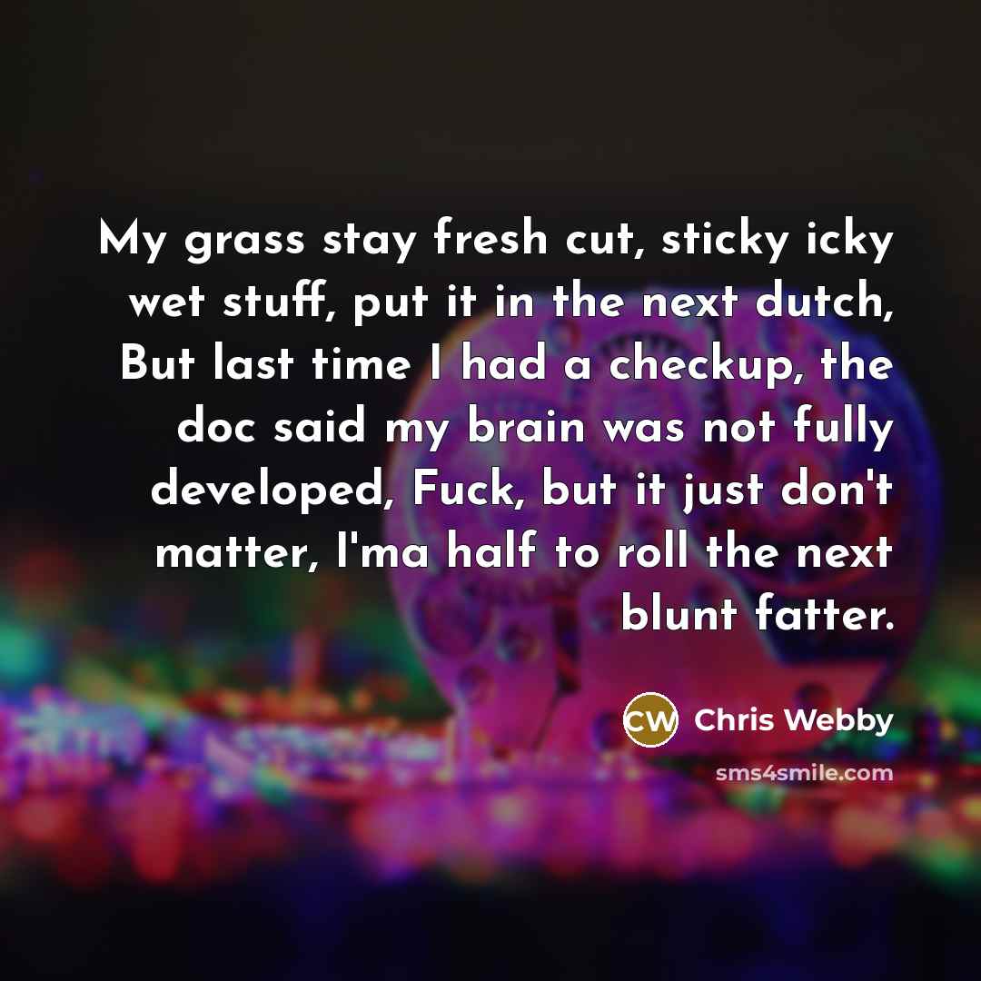 “My grass stay fresh cut, sticky icky wet stuff, put…” quote by Chris Webby