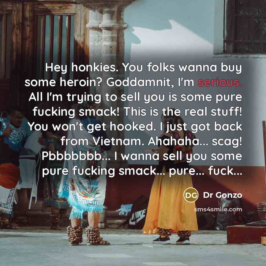 “Hey honkies. You folks wanna buy some heroin? Goddamnit, I'm…” quote by Dr Gonzo