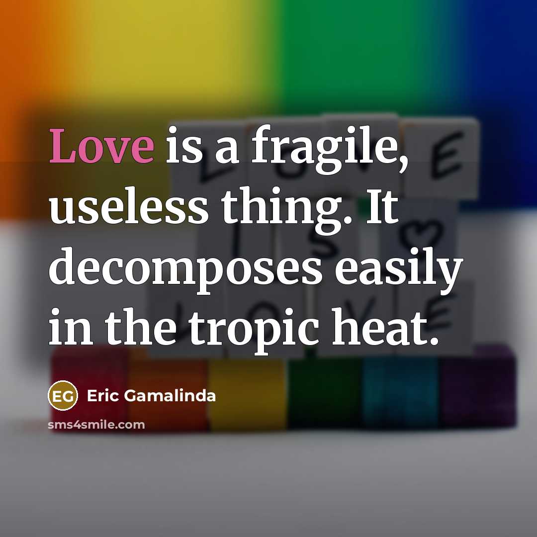 “Love is a fragile, useless thing. It decomposes easily in…” quote by Eric Gamalinda