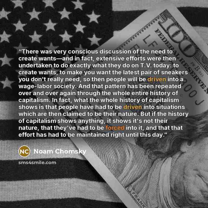 “There was very conscious discussion of the need to create wants—and in fact, extensive efforts were then undertaken to do exactly what they do on T.V. today: to create wants, to make you want the latest pair of sneakers you don't really need, so then people will be driven into a wage-labor…” quote by Noam Chomsky