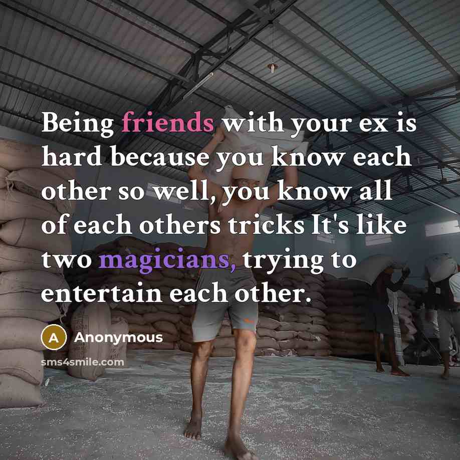 “Being friends with your ex is hard because you know each other so well, you know all of each others tricks It's like two magicians, trying to entertain each other.” quote by Anonymous