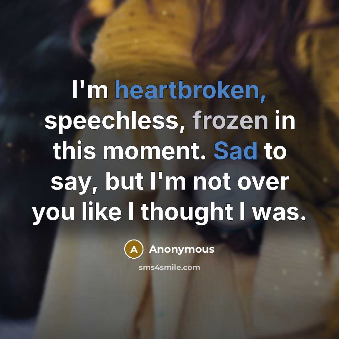 “I'm heartbroken, speechless, frozen in this moment. Sad to say, but I'm not over you like I thought I was.” quote by Anonymous