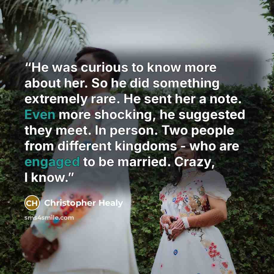 “He was curious to know more about her. So he did something extremely rare. He sent her a note. Even more shocking, he suggested they meet. In person. Two people from different kingdoms - who are engaged to be married. Crazy, I know.” quote by Christopher Healy