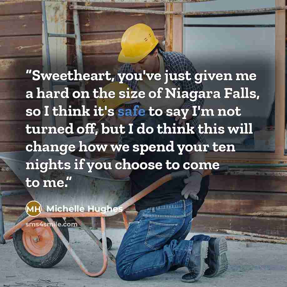 “Sweetheart, you've just given me a hard on the size of Niagara Falls, so I think it's safe to say I'm not turned off, but I do think this will change how we spend your ten nights if you choose to come to me.” quote by Michelle Hughes
