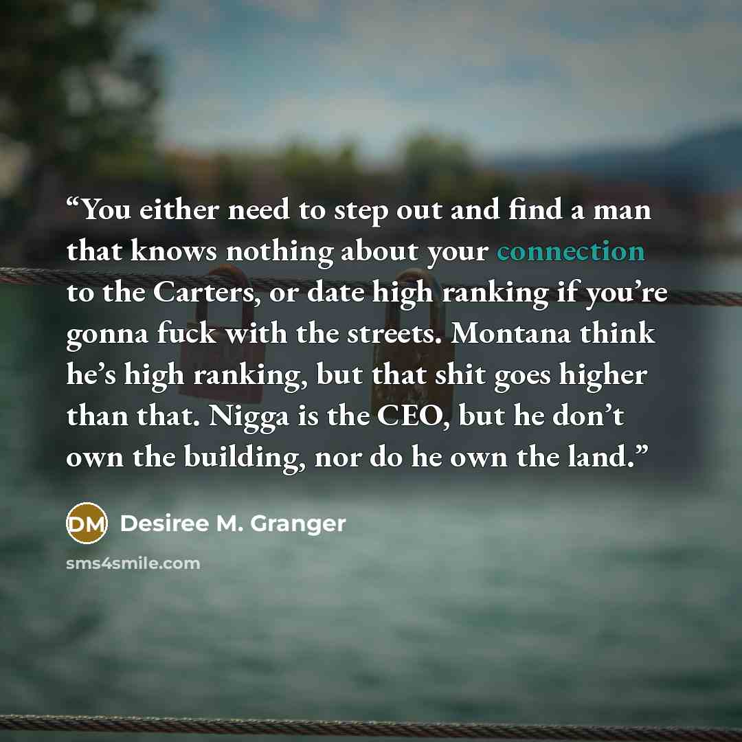 “You either need to step out and find a man that knows nothing about your connection to the Carters, or date high ranking if you’re gonna fuck with the streets. Montana think he’s high ranking, but that shit goes higher than that. Nigga is the CEO, but he don’t own the building, nor do he own the…” quote by Desiree M. Granger