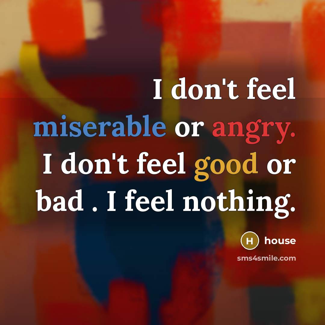 “I don't feel miserable or angry. I don't feel good or bad . I feel nothing.” quote by House