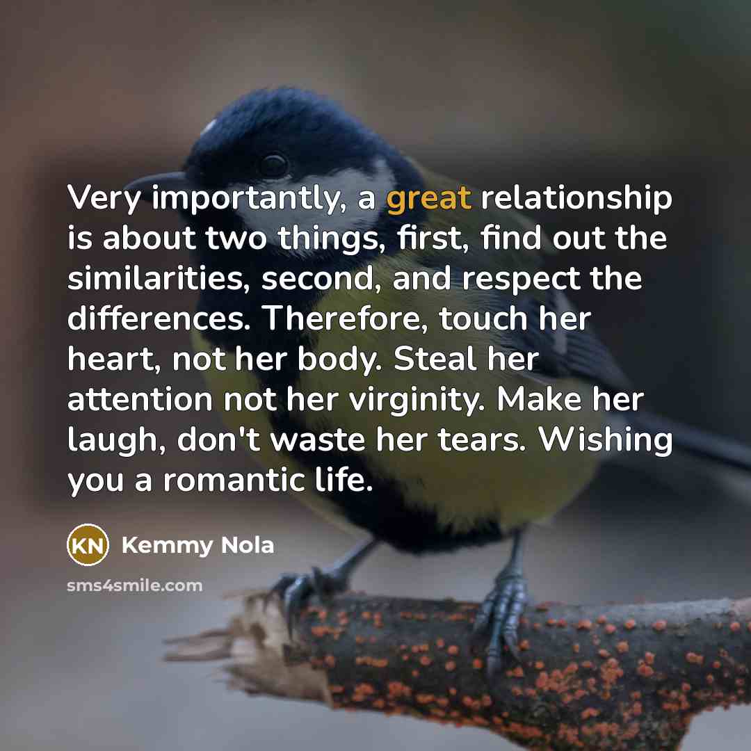 “Very importantly, a great relationship is about two things, first, find out the similarities, second, and respect the differences. Therefore, touch her heart, not her body. Steal her attention not her virginity. Make her laugh, don't waste her tears. Wishing you a romantic life.” quote by Kemmy Nola