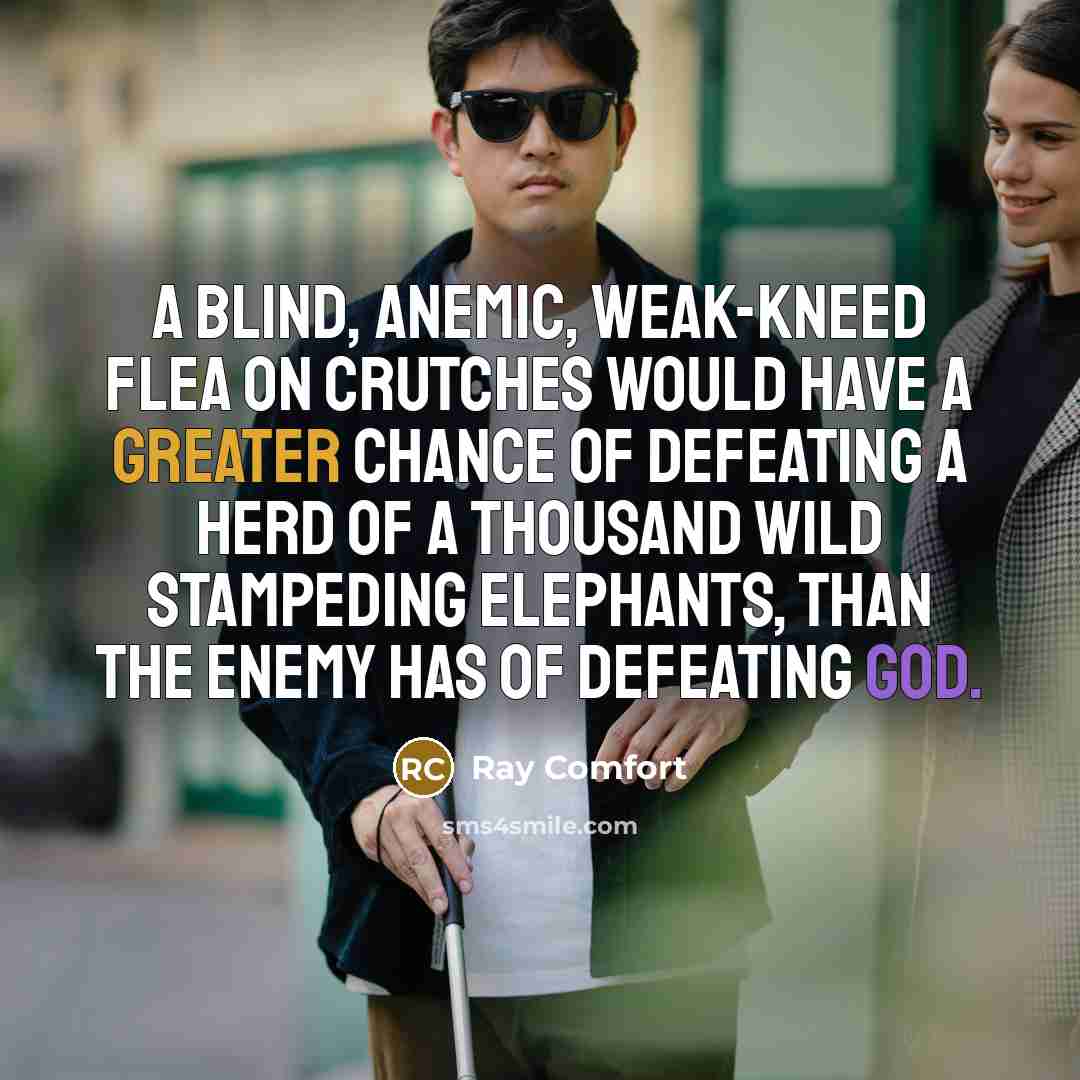 “A blind, anemic, weak-kneed flea on crutches would have a greater chance of defeating a herd of a thousand wild stampeding elephants, than the enemy has of defeating God.” quote by Ray Comfort