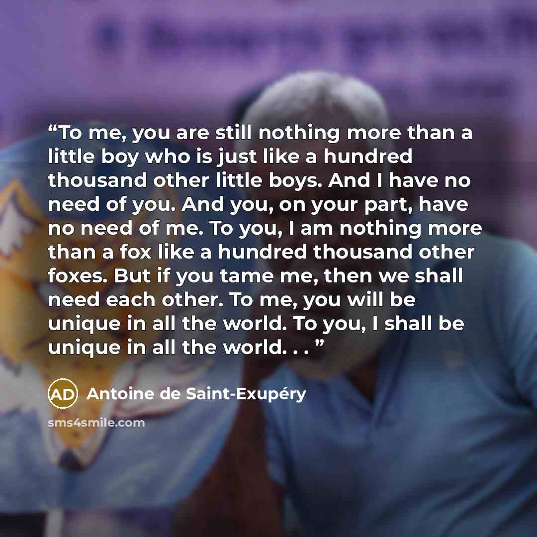 “To me, you are still nothing more than a little boy who is just like a hundred thousand other little boys. And I have no need of you. And you, on your part, have no need of me. To you, I am nothing more than a fox like a hundred thousand other foxes. But if you tame me, then we shall need each…” quote by Antoine de Saint-Exupéry