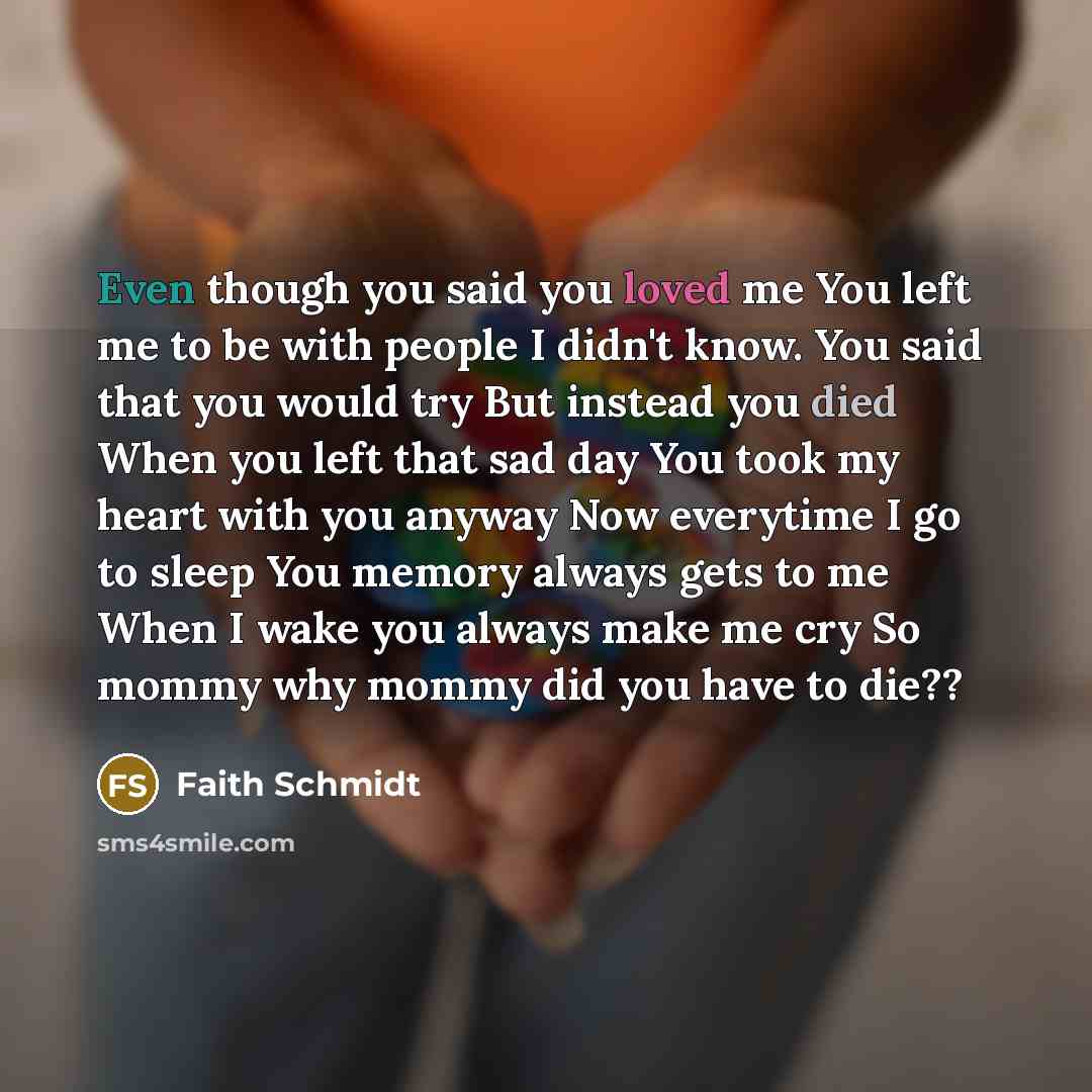 “Even though you said you loved me You left me to be with people I didn't know. You said that you would try But instead you died When you left that sad day You took my heart with you anyway Now everytime I go to sleep You memory always gets to me When I wake you always make me cry So mommy why…” quote by Faith Schmidt