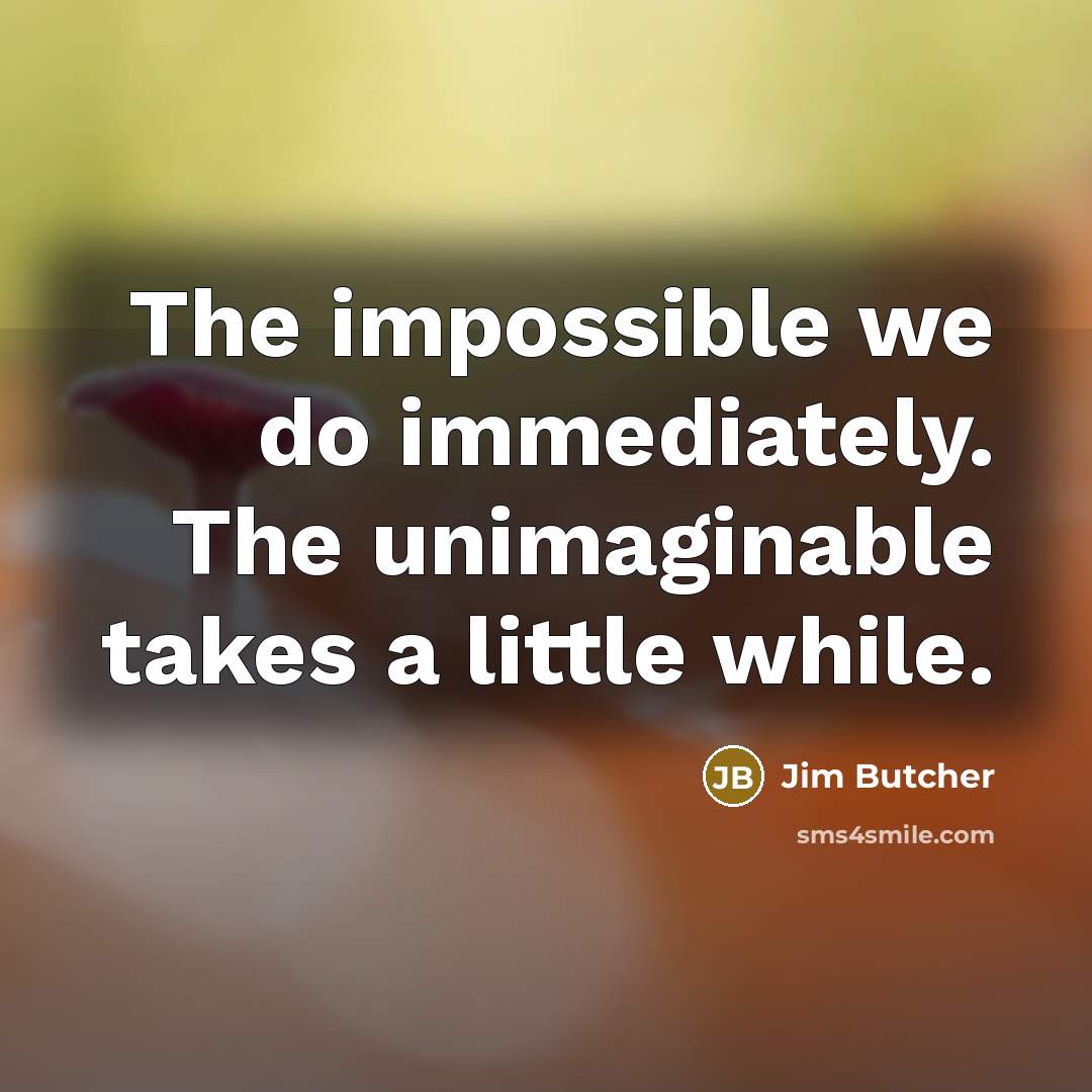 “The impossible we do immediately. The unimaginable takes a little while.” quote by Jim Butcher