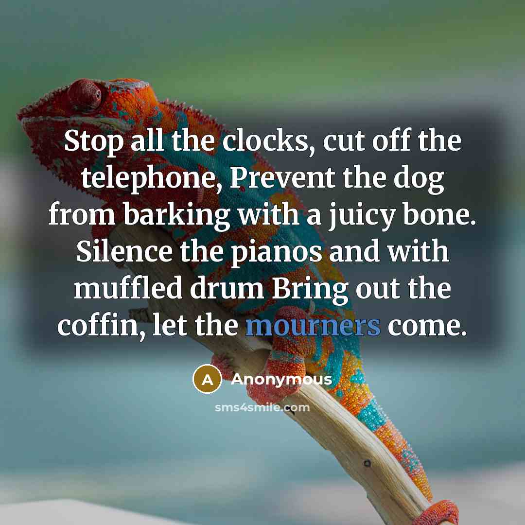 “Stop all the clocks, cut off the telephone, Prevent the dog from barking with a juicy bone. Silence the pianos and with muffled drum Bring out the coffin, let the mourners come.” quote by Anonymous