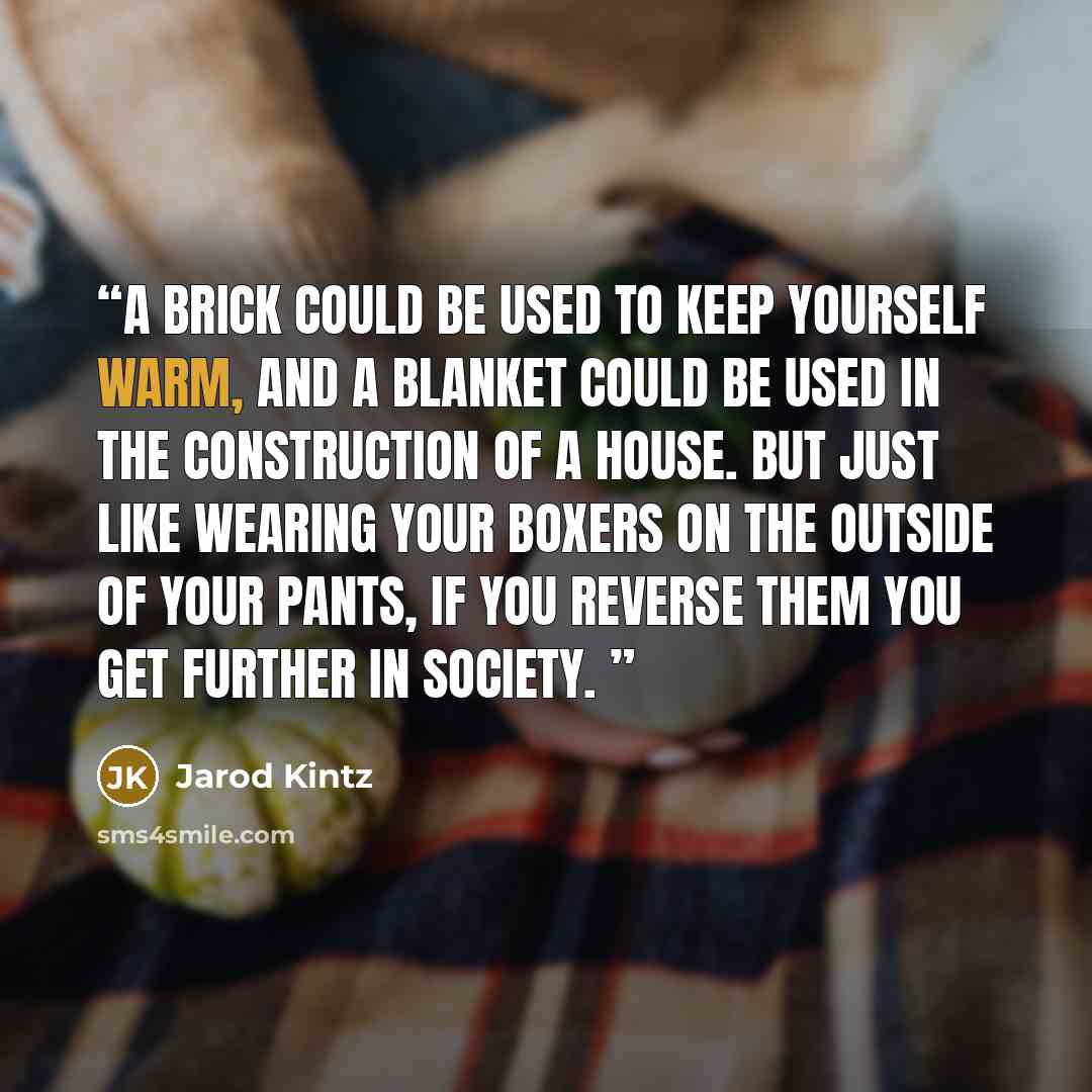 “A brick could be used to keep yourself warm, and a blanket could be used in the construction of a house. But just like wearing your boxers on the outside of your pants, if you reverse them you get further in society.” quote by Jarod Kintz