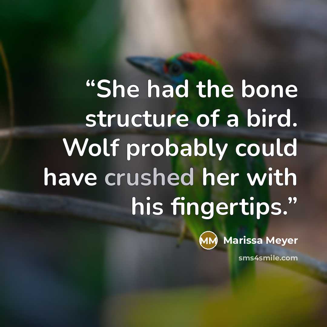 “She had the bone structure of a bird. Wolf probably could have crushed her with his fingertips.” quote by Marissa Meyer