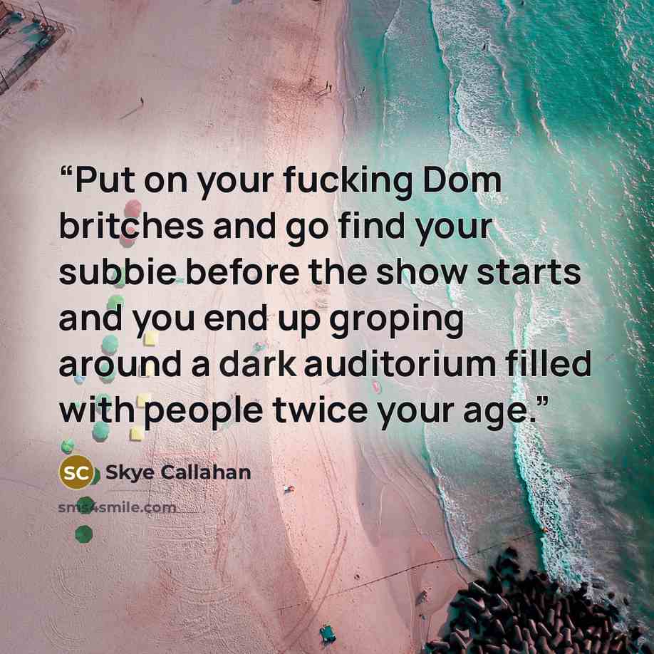 “Put on your fucking Dom britches and go find your subbie before the show starts and you end up groping around a dark auditorium filled with people twice your age.” quote by Skye Callahan