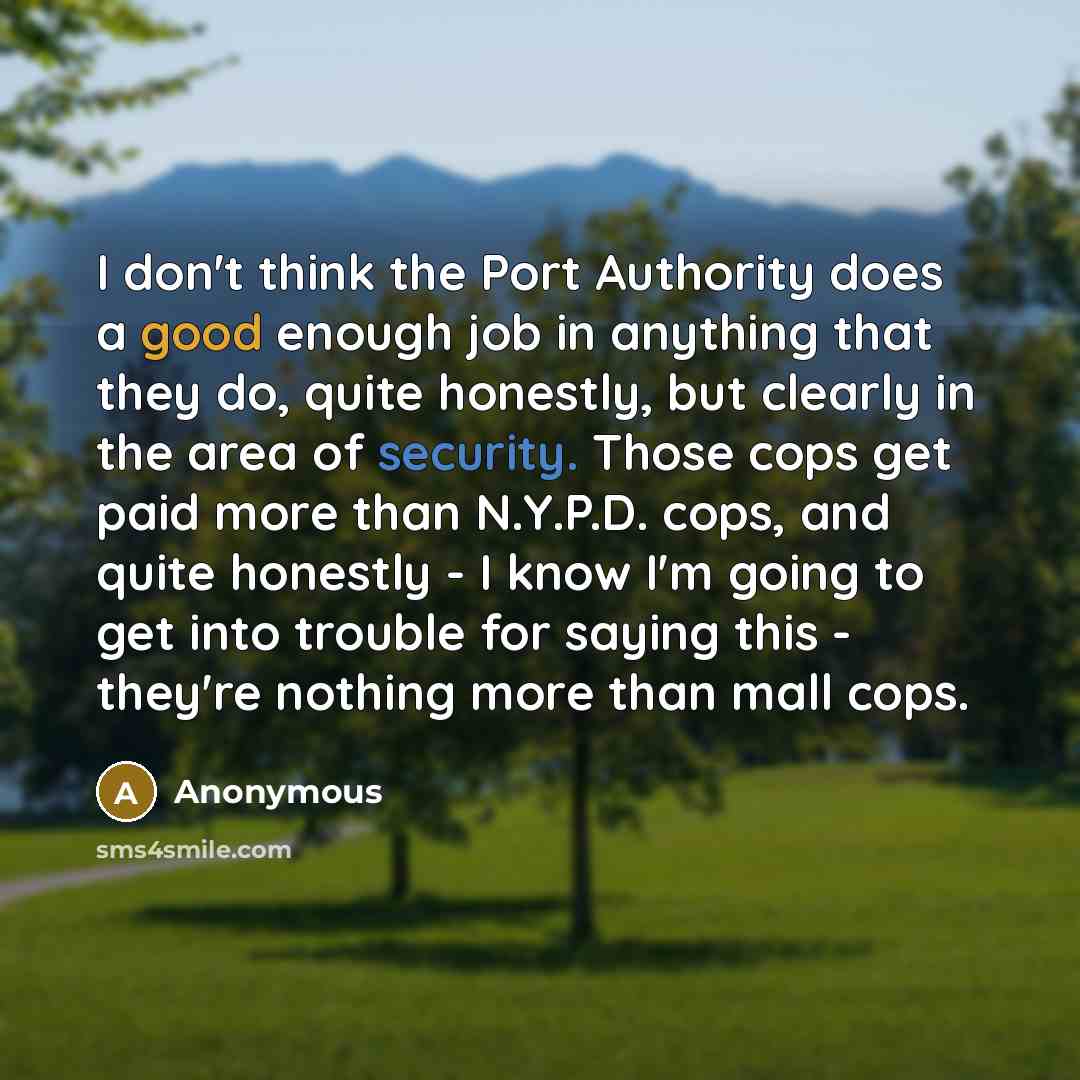 “I don't think the Port Authority does a good enough job in anything that they do, quite honestly, but clearly in the area of security. Those cops get paid more than N.Y.P.D. cops, and quite honestly - I know I'm going to get into trouble for saying this - they're nothing more than mall cops.” quote by Anonymous