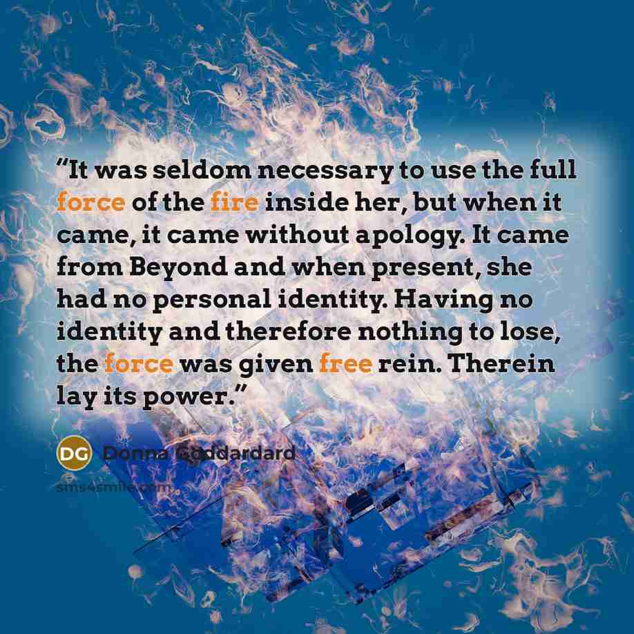 “It was seldom necessary to use the full force of the fire inside her, but when it came, it came without apology. It came from Beyond and when present, she had no personal identity. Having no identity and therefore nothing to lose, the force was given free rein. Therein lay its power.” quote by Donna Goddardard