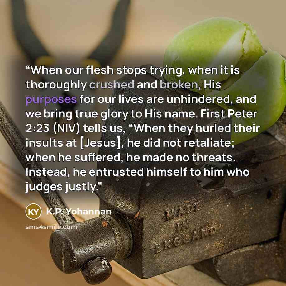 “When our flesh stops trying, when it is thoroughly crushed and broken, His purposes for our lives are unhindered, and we bring true glory to His name. First Peter 2:23 (NIV) tells us, “When they hurled their insults at [Jesus], he did not retaliate; when he suffered, he made no threats. Instead…” quote by K.P. Yohannan