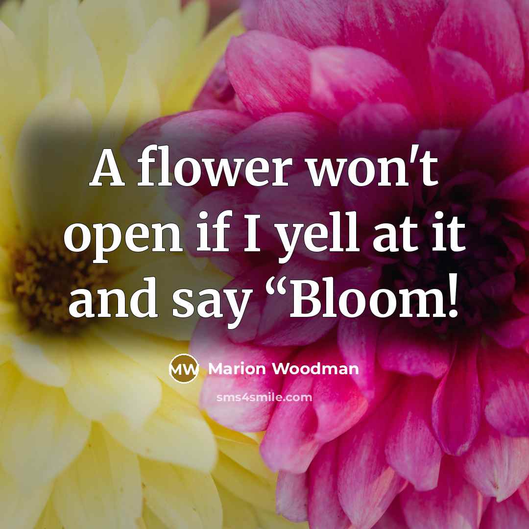 “A flower won't open if I yell at it and…” quote by Marion Woodman