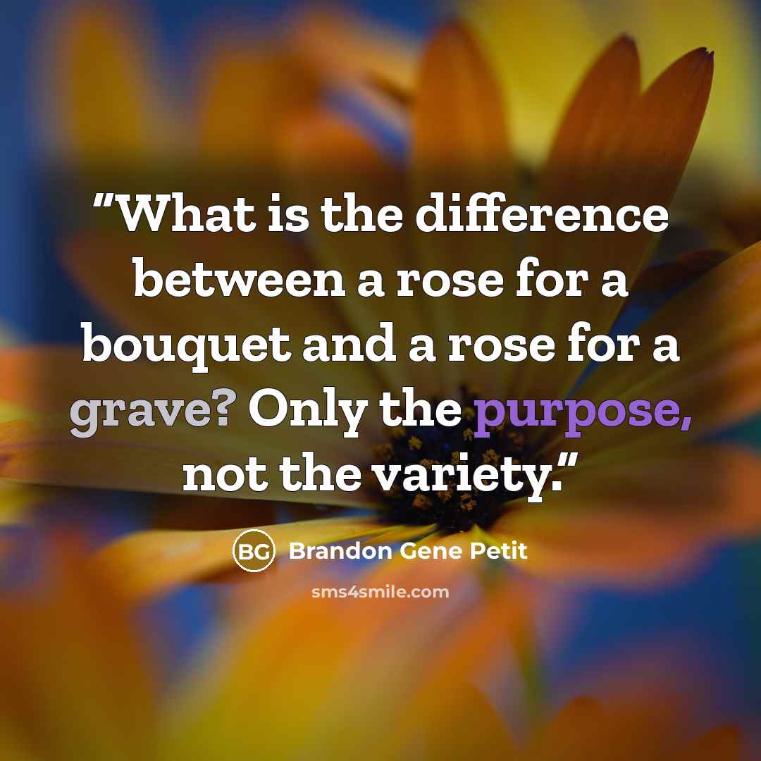 “What is the difference between a rose for a bouquet and a rose for a grave? Only the purpose, not the variety.” quote by Brandon Gene Petit