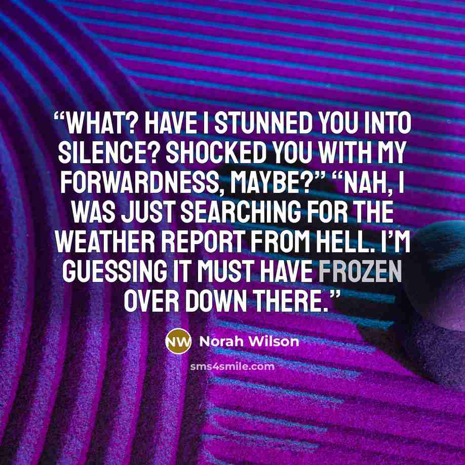 “What? Have I stunned you into silence? Shocked you with my forwardness, maybe?” “Nah, I was just searching for the weather report from hell. I’m guessing it must have frozen over down there.” quote by Norah Wilson